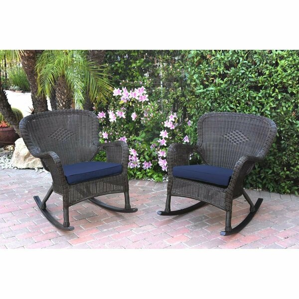 Jeco W00215-R-2-FS011 Windsor Espresso Resin Wicker Rocker Chair with Blue Cushion, 2PK W00215-R_2-FS011